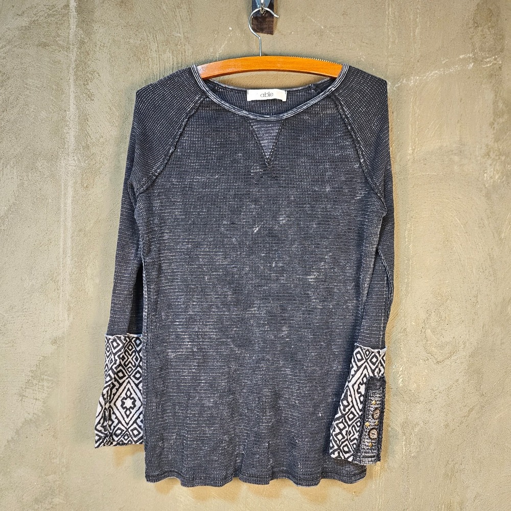 Mineral Wash Able Thermal Waffle Knit Button Cuff Long Sleeve Boho Geometric USA